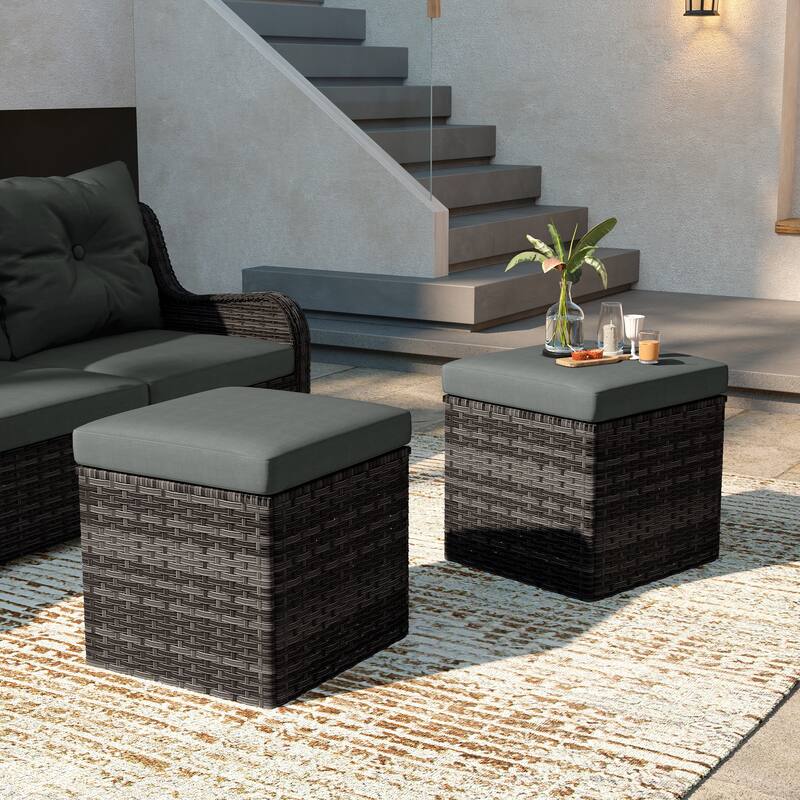 Outdoor Wicker Square Storage Ottoman with Plush Cushion(Set of 2) - GreyBase-Dark Grey