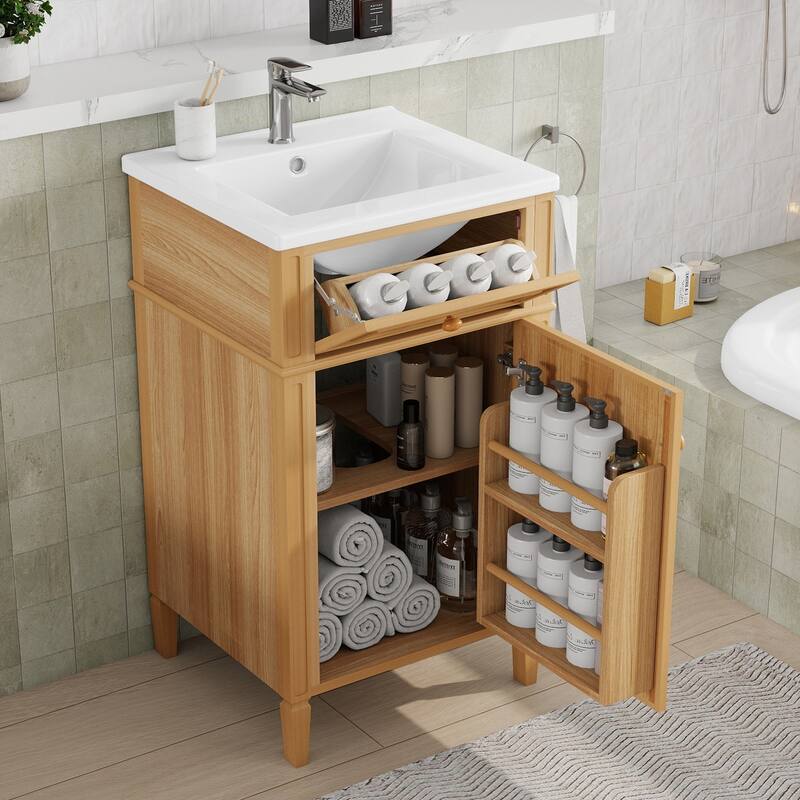 20-Inch Wood Bathroom Vanity with Sink, Solid Wood Legs, Adjustable Shelf, Tilt-Out Drawer,Modern Freestanding Cabinet - Wood