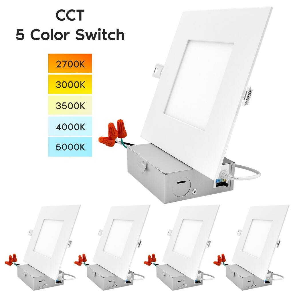 Luxrite 6" Square LED Recessed Lighting, Color Temperature Selectable 2700K / 3000K / 3500K / 4000K / 5000K, 4-Pack