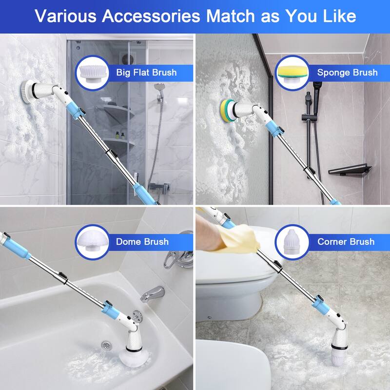 Cordless Cleaning Brush with 5 Replaceable Heads Adjustable Telescopic Handle - Off White+Blue - 27 to 47 inches