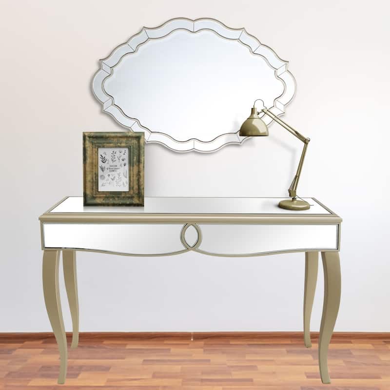 Champagne Mirrored Glass Console Table and Curved Legs - 47.6” L x 15.9” W x 30.7” H