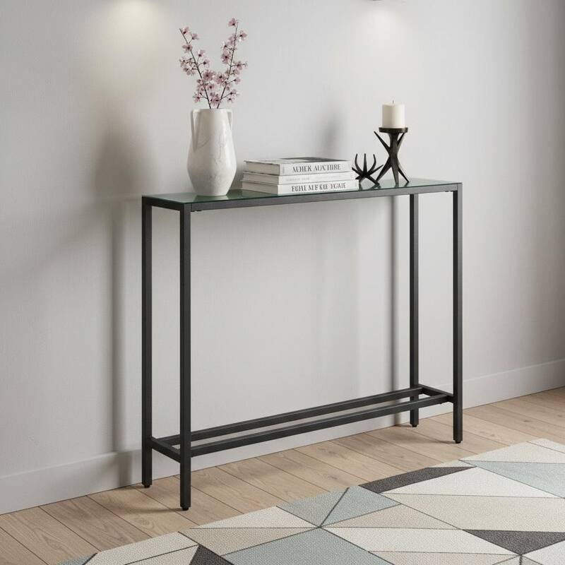 HomeRoots 36" Black and Gunmetal Mirrored Glass Console Table - 36.00 in. x 30.00 in. x 8.00 in. - Black