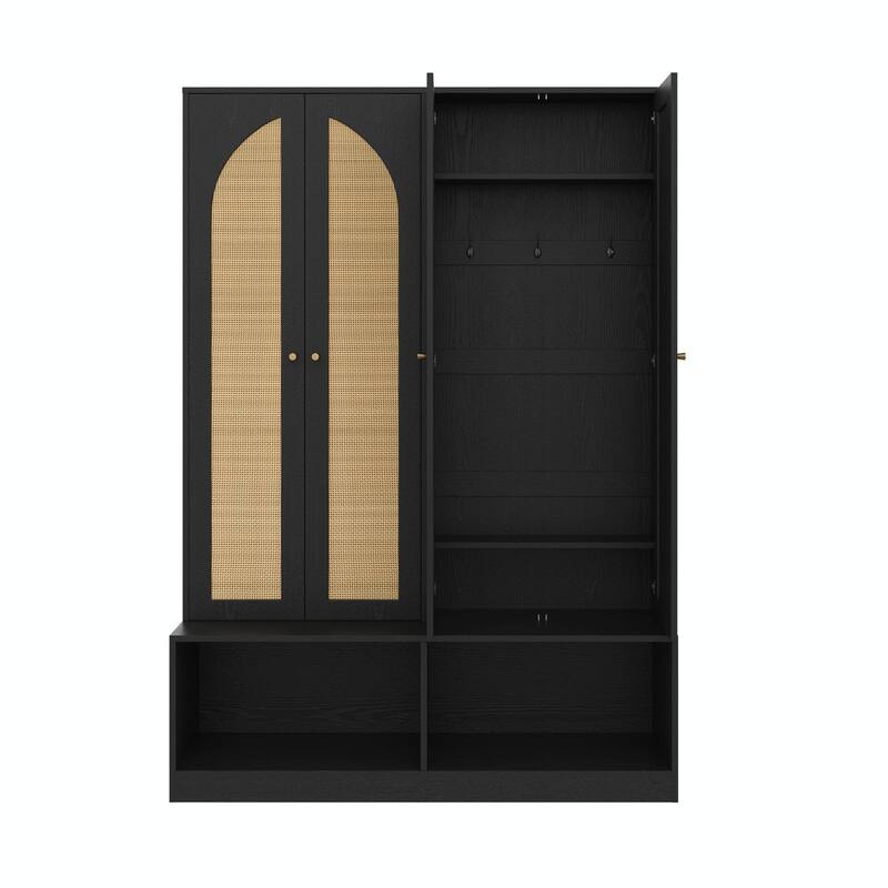 Farmhouse Wide Hall Tree with 4 Rattan Doors, Versatile 4-in-1 Seating Bench with 6 Hooks