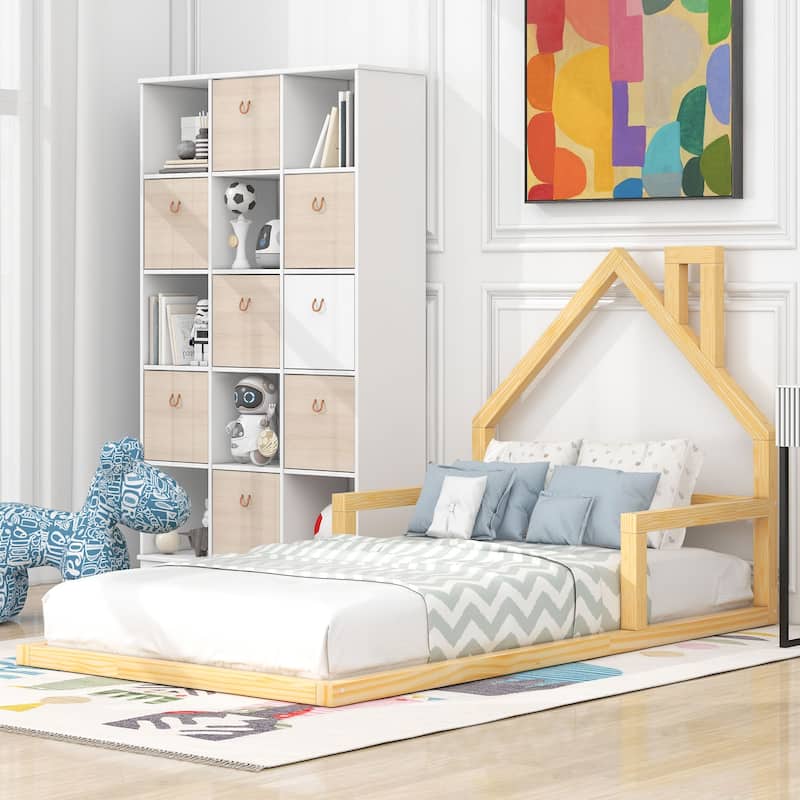 Twin Size Wood Floor bed with House-shaped Headboard, Natural