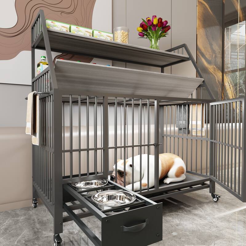 Large Pet Cage with Storage Rack, Drawers with Food and Water Basins, Double-Layer Storage Rack, Iron Frame and MDF Material