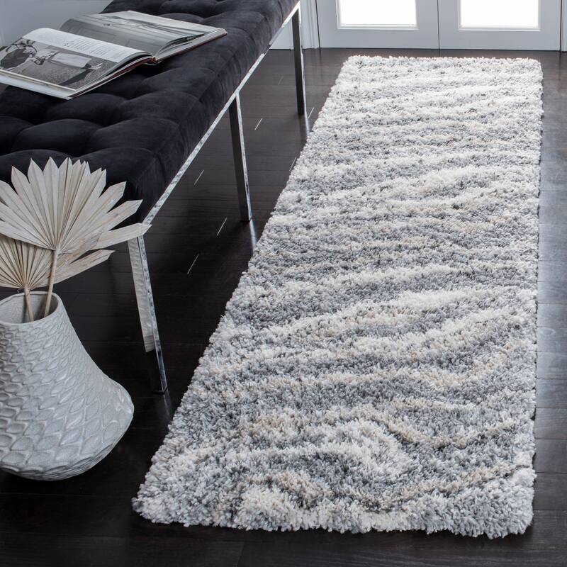SAFAVIEH Fontana Shag Geanina Modern Abstract 2-inch Thick Rug - 2'3" x 8' Runner - Grey/Ivory