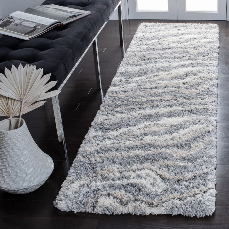 SAFAVIEH Fontana Shag Sirli Modern Abstract 2-inch Thick Rug - 2'3" x 8' Runner - Grey/Ivory