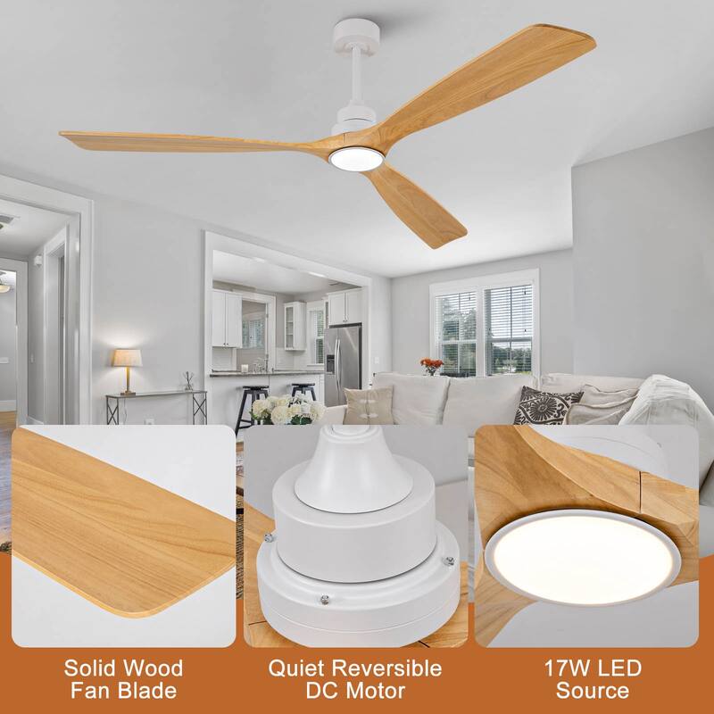 72 Inch Modern Ceiling Fan With 3 Color Dimmable 3 Solide Wood Blades Remote Control Reversible DC Motor With Led Light