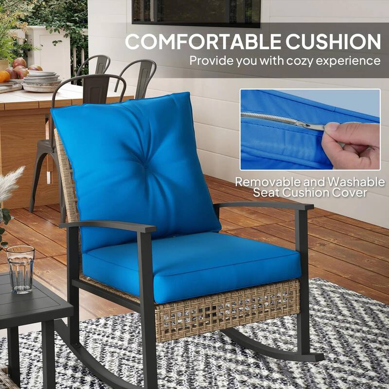 3-Piece Wicker Set, Rocking Chairs with Tufted Cushions,Coffee Table