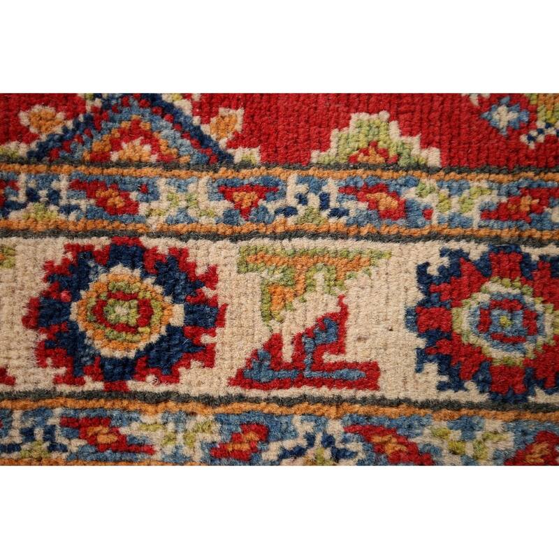 Red Geometric Kazak Oriental Accent Rug Hand-Knotted Wool Carpet - 1'11" x 3'3"