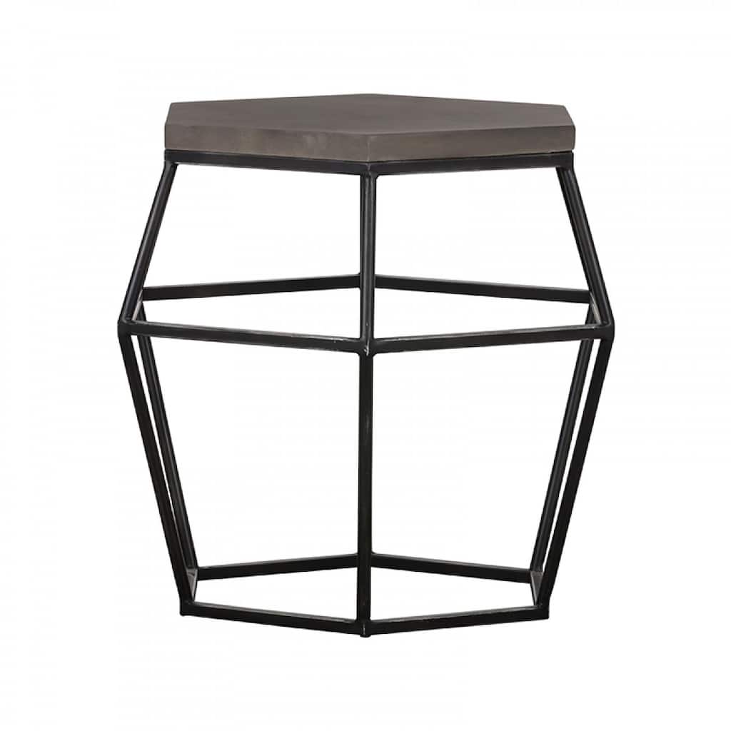 Hexagonal Concrete End Table with Metal Base, Gray and Black