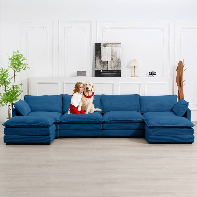 4-Seat Corduroy Modular Sofa with 2 Removable Ottomans for Home & Business