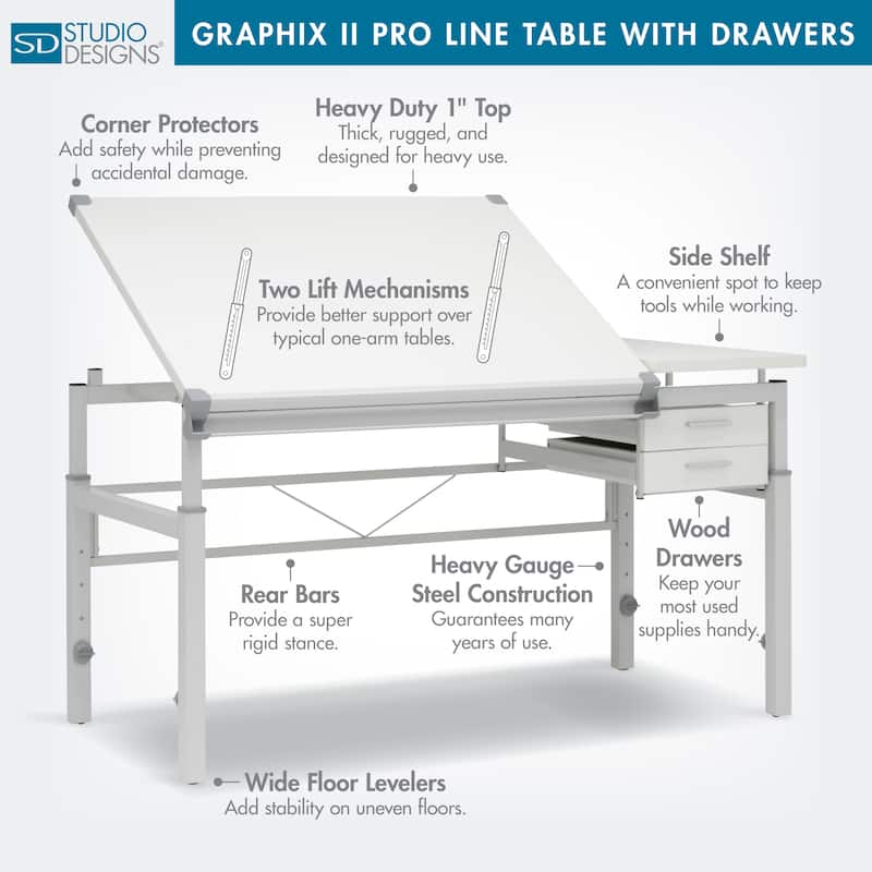 Studio Designs Graphix II Pro Line Height Adjustable Drafting Table with Tilting Top