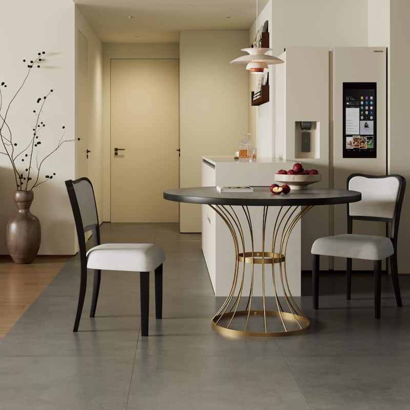42" Round Dining Set-Solid Wood-Look Veneer Table +2 Upholstered Walnut-Finish Chairs,Heavy-Duty Iron Base,Space-Saving,3-Piece - Beige+Dark Oak+Gold