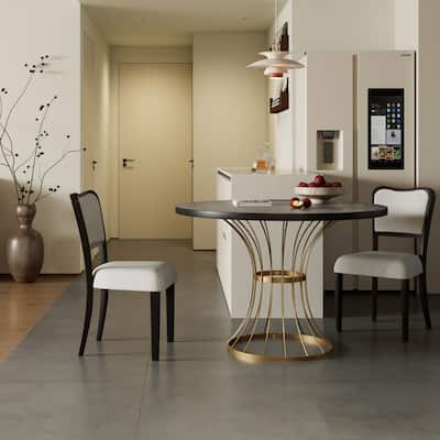 42" Round Dining Set-Solid Wood-Look Veneer Table +2 Upholstered Walnut-Finish Chairs,Heavy-Duty Iron Base,Space-Saving,3-Piece