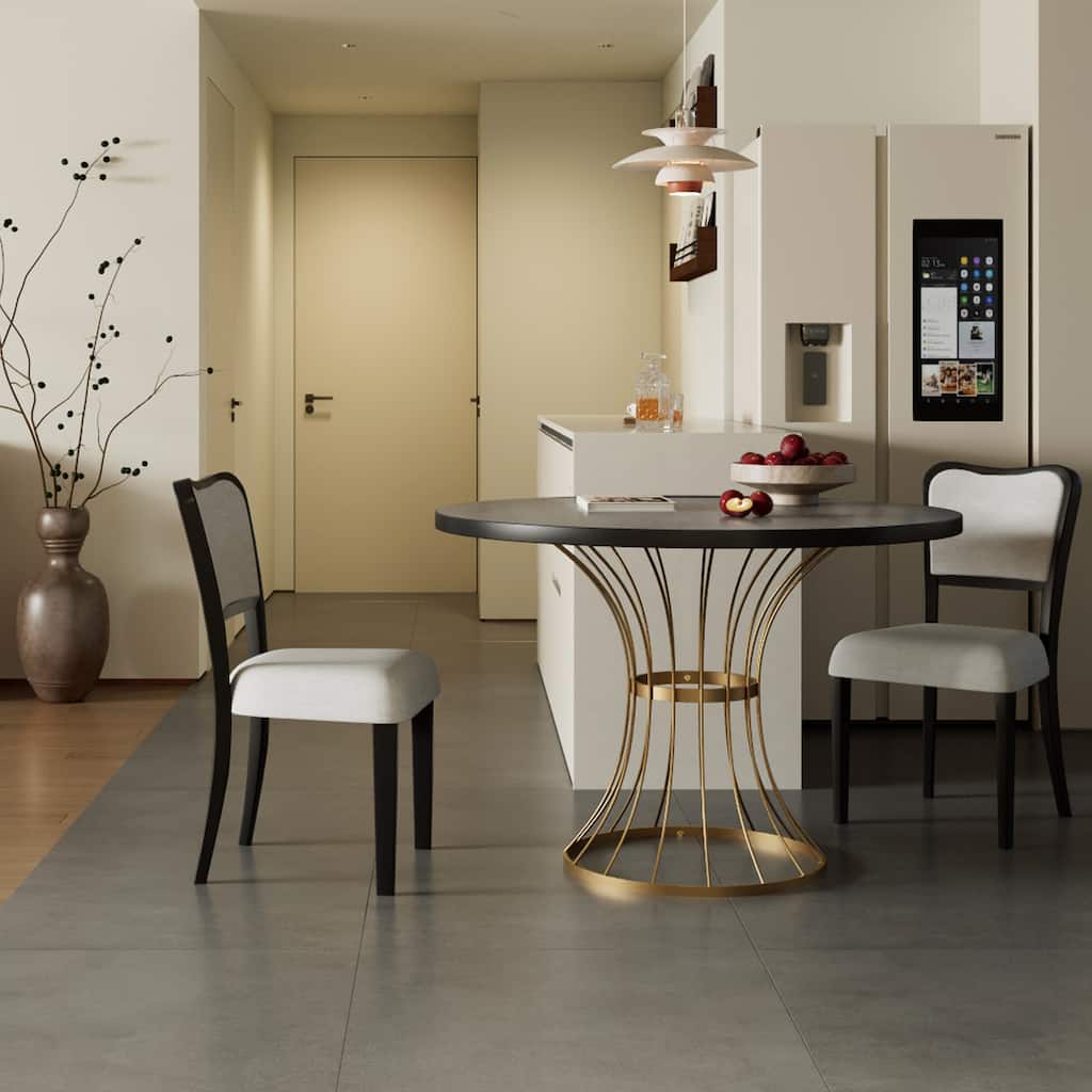 42" Round Dining Set-Solid Wood-Look Veneer Table +2 Upholstered Walnut-Finish Chairs,Heavy-Duty Iron Base,Space-Saving,3-Piece