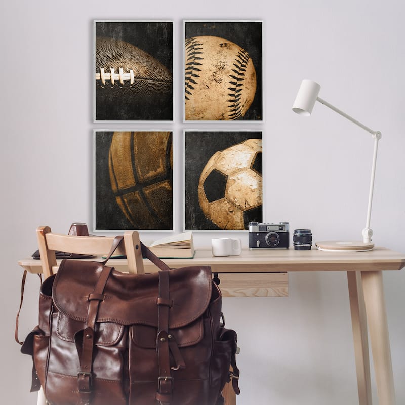Stupell Distressed Vintage Sports Balls Framed Giclee Art Design By Kim Allen (Set of 4)