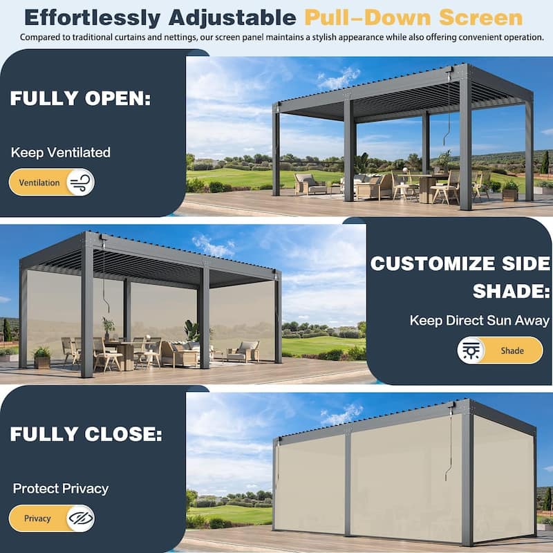 EROMMY Outdoor Louvered Pergola Gazebo with Adjustable Aluminum Rainproof Roof and Pull-Down Screen