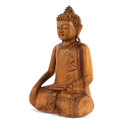 Wood Buddha Statue Hand Carved Earth Touching Mudra Sculpture, Natural Zen Decor
