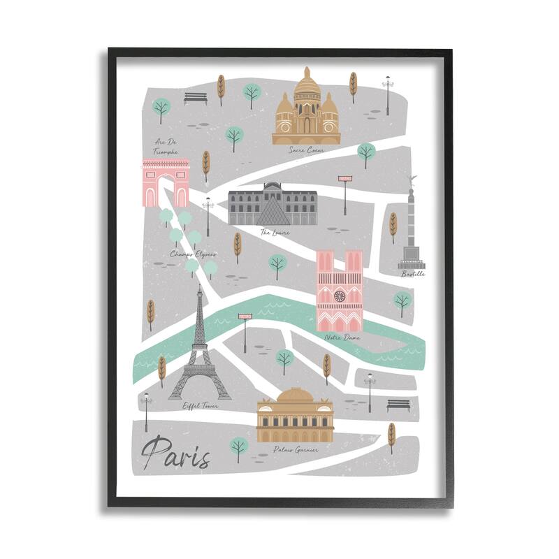 Stupell Paris Landmark Map French City Illustration Pink Grey Framed Wall Art - 16 x 20 - Black