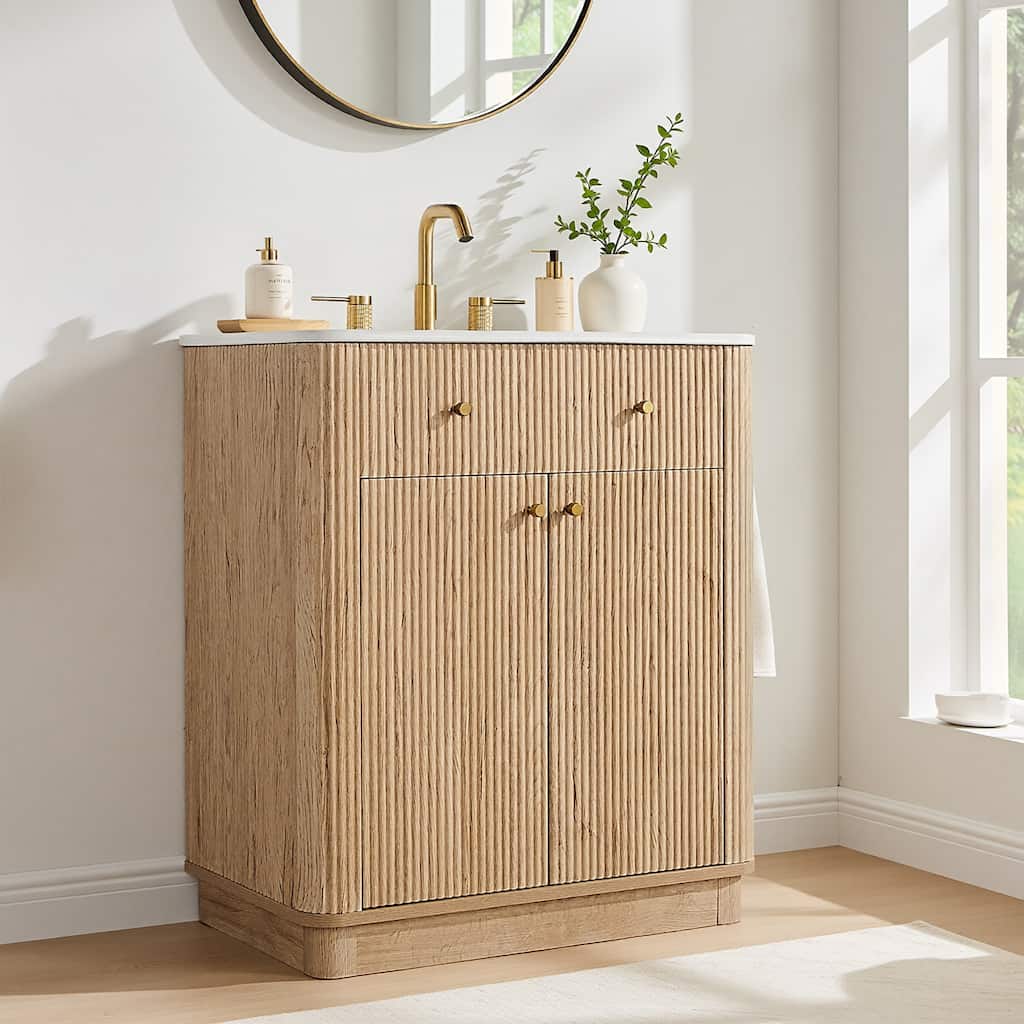 Fluted Bathroom Vanity with Sink, Storage Cabinet & Adjustable Shelf