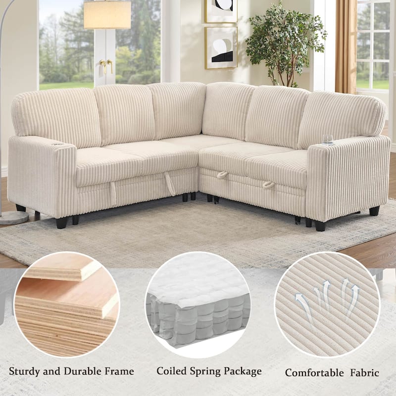 5-Seat Corduroy Storage Sectional Sofa Sleeper Couch with Pull-Out Bed