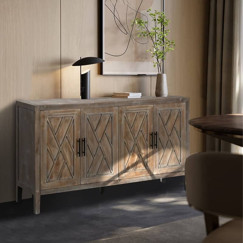 60" Width Four Door Wooden Twill Sideboard American Country Vintage Cabinet