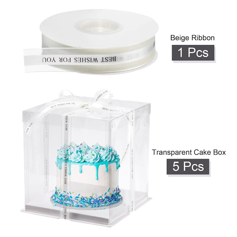 Clear Cake Box with Ribbon, 5Pcs 9"x9"x9" for 6 Inch Cake Packing