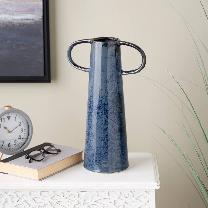 Dark Blue Ceramic Textured Cone Decorative Vase with Curved Handles - Dark Blue