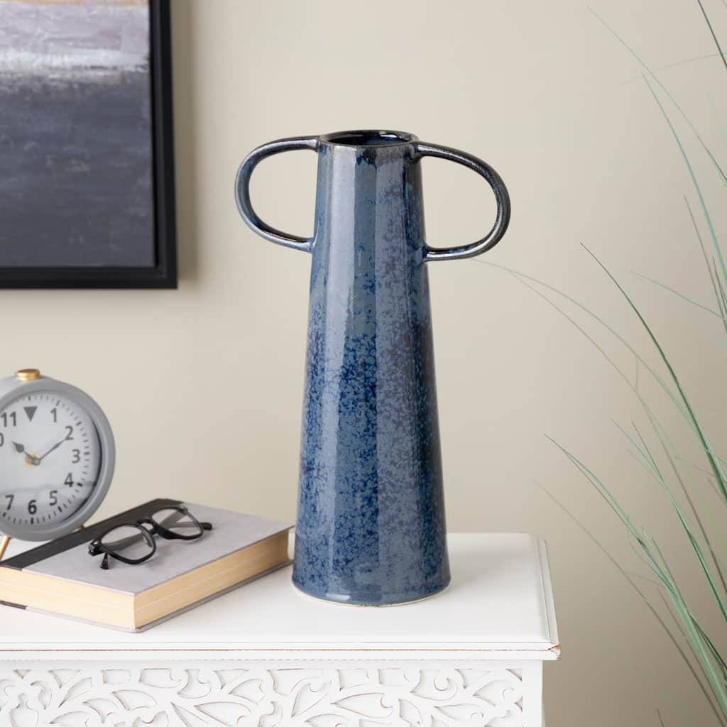 Dark Blue Ceramic Textured Cone Decorative Vase with Curved Handles