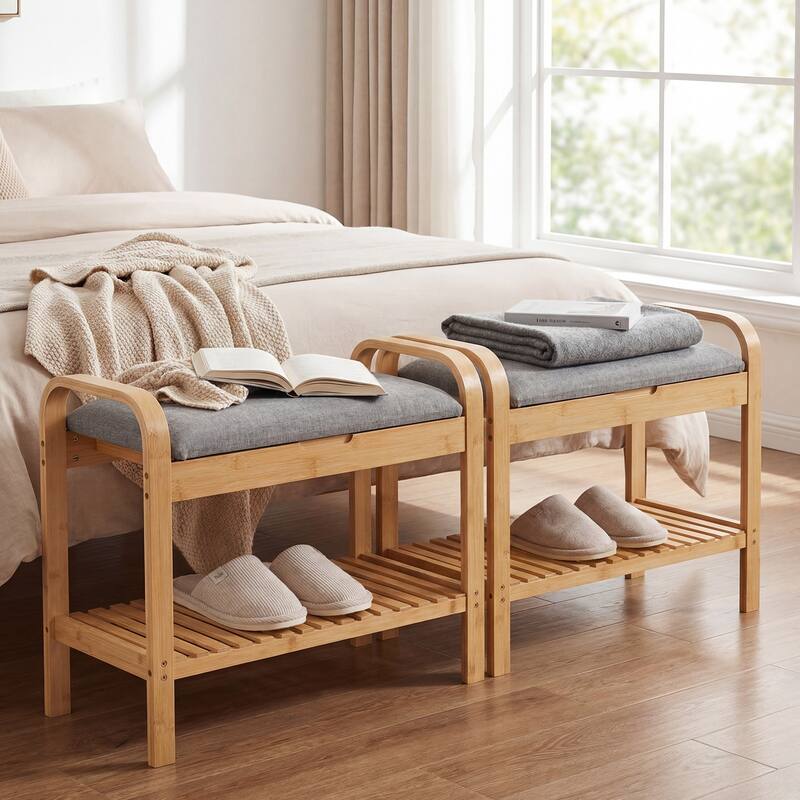Gymax Shoe Rack Bench Bamboo W/Cushioned Seat&Storage Shelf Padded