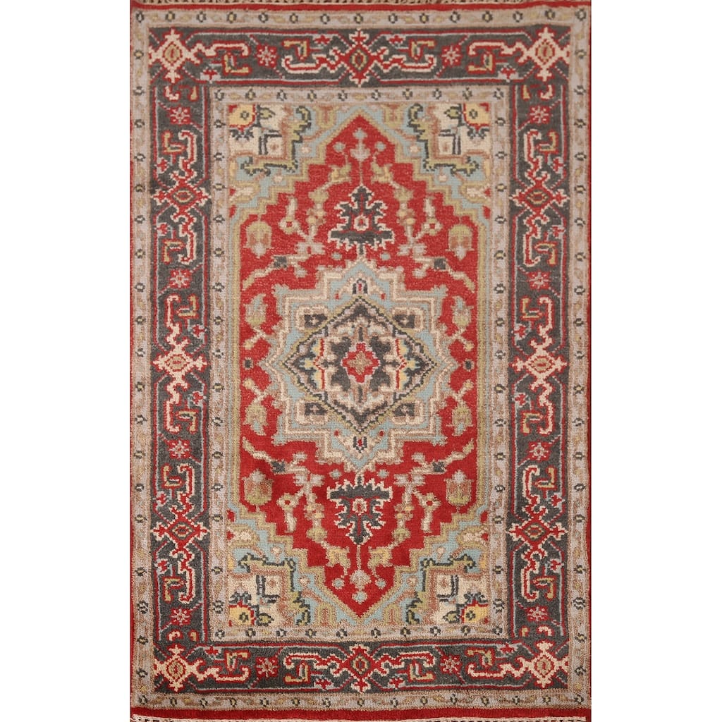 Geometric Red Heriz Serapi Indian Accent Rug Hand-Knotted Wool Carpet - 2'11"x 4'11"