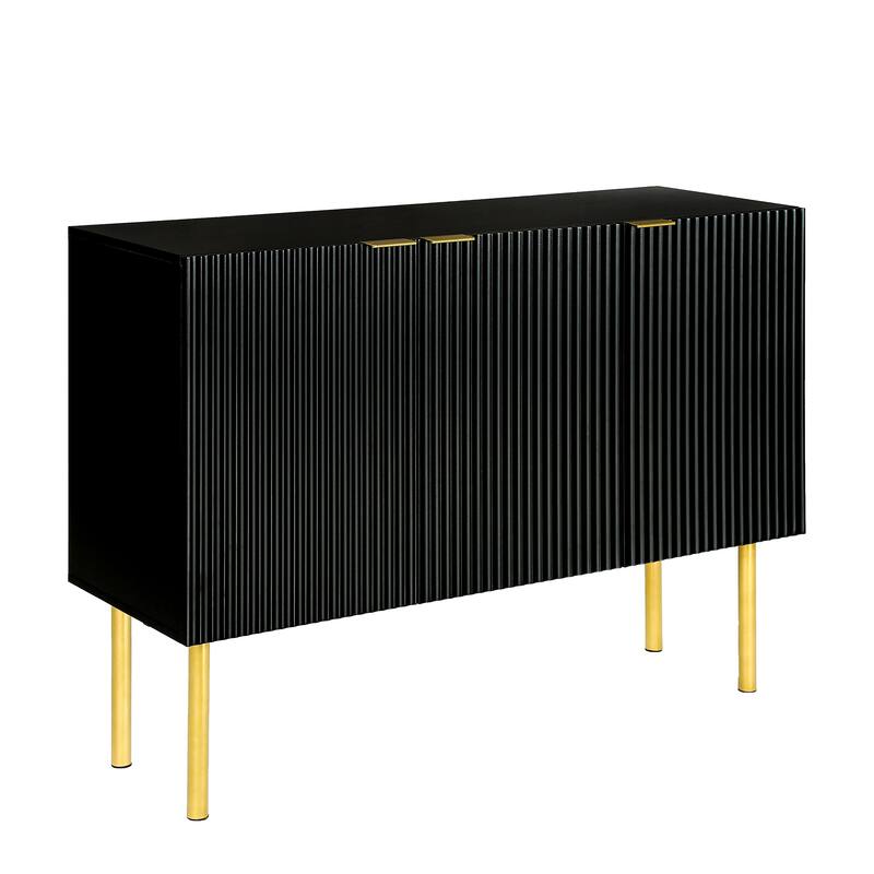 Pinstripe Design Buffet Sideboard w/ Gold Metal Legs & Handles - Black
