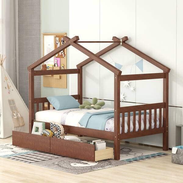 slide 2 of 20, Twin Size Pine Wood House Bed with Storage Drawers for Kids Walnut Natural