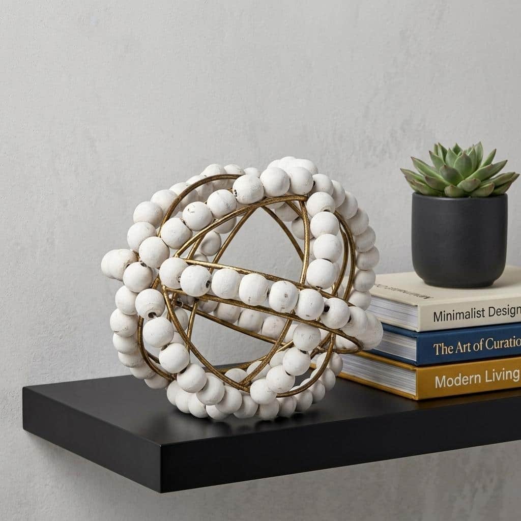 HomeRoots 9" White And Gold Wooden Bead And Metal Orb Sculpture