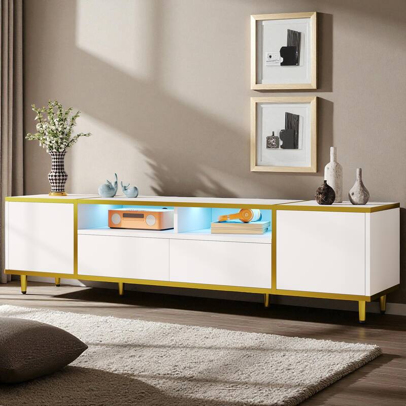 70.9'' Modern TV Stand for TVs up to 80'', Entertainment Center with LED Lights, 2 Cabinets, 2 Drawers & Metal Legs