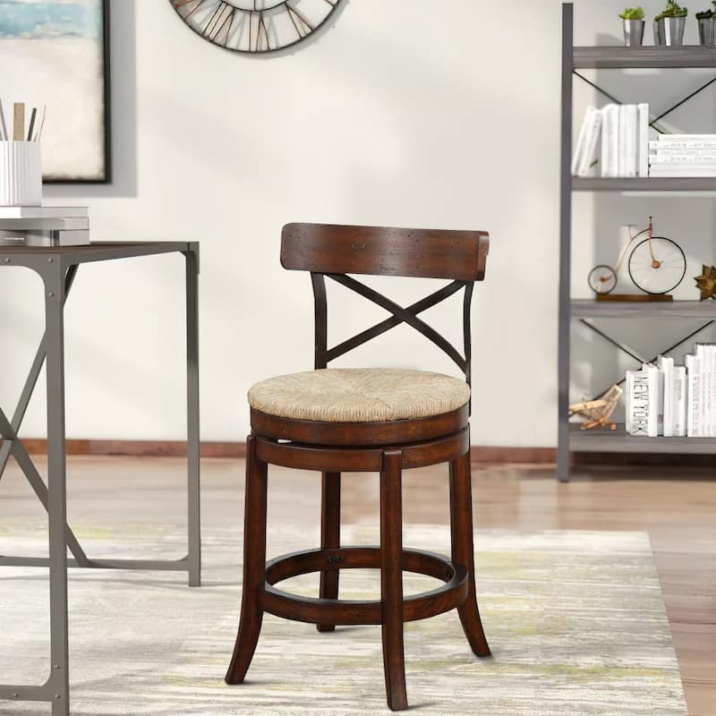 24 Inch Swivel Counter Stool, Crossed Metal Back, Sedge Seat - 18.5 L x 19 W x 37.25 H Inches - Brown