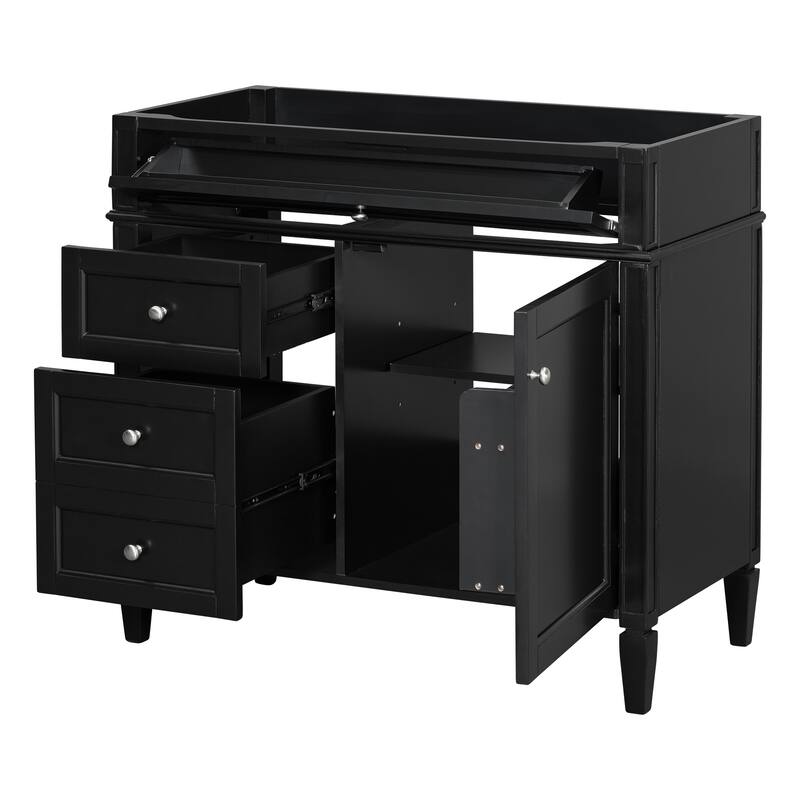 Roomfitters 36 Inch Bathroom Vanity Base, Solid Wood Frame Storage Cabinet with Sliding Sections & Tilt-Down Tray, Black
