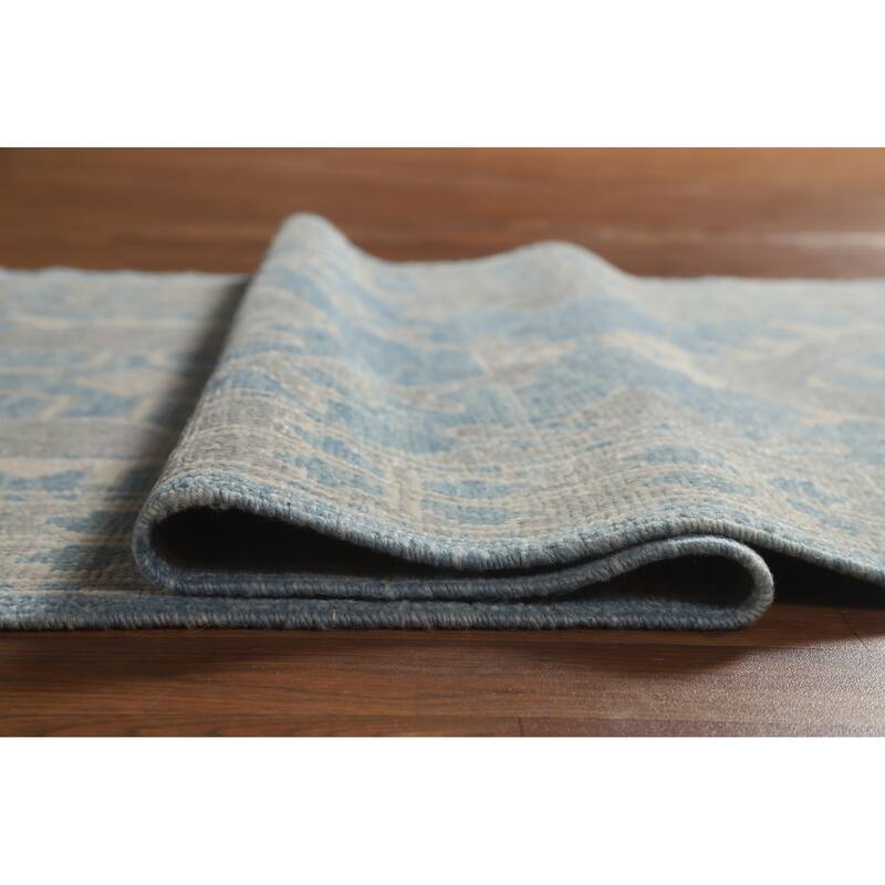 Hand Knotted Oriental 100% Wool Carpet Transitional Geometric Navy Blue & Blues Oushak Runner Rug - 15' 11'' X 3' 4''