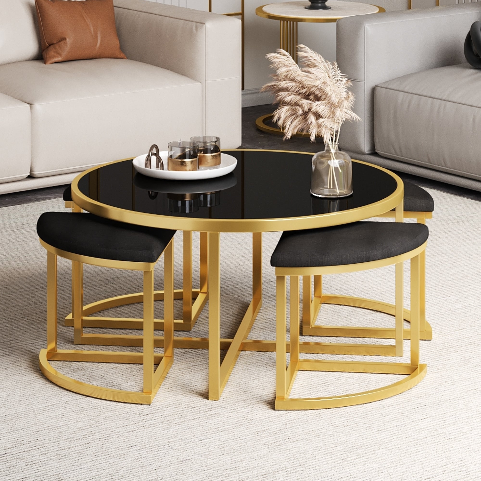 Modern Round Coffee Table Set with 4 Nesting Stools, Tempered Glass Top ...