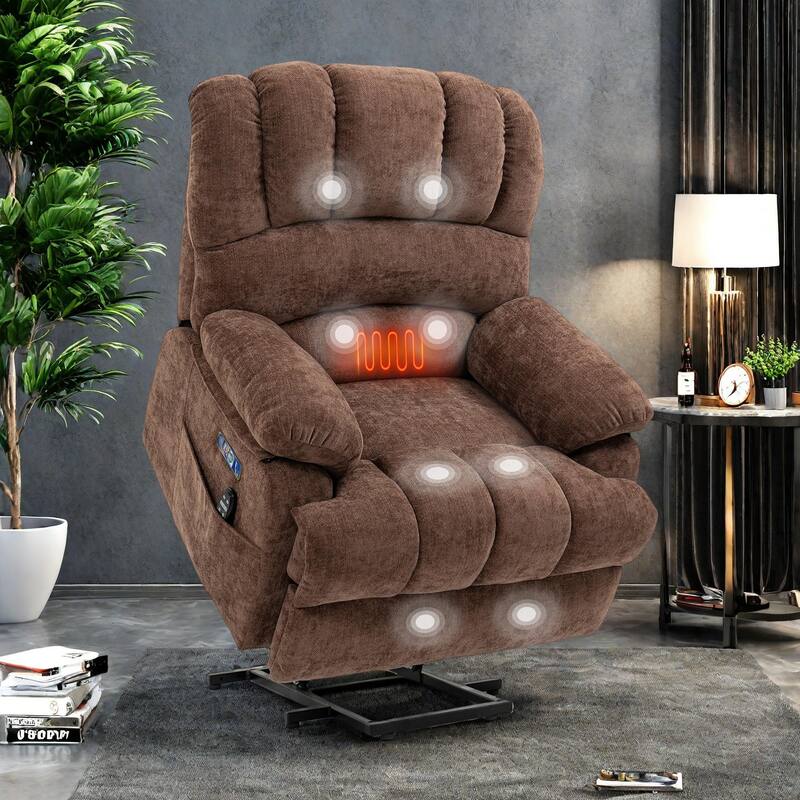 Oversized Chenille Power Lift Recliner Chair with Massage and Lumbar Heating, USB Charge Port - Brown
