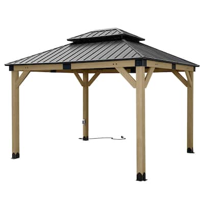 Aoodor 10 x 12 ft Wooden Frame Gazebo with 2-Tier Galvanized Metal Hardtop Roof, Outdoor Patio Gazebo with Charging Socket