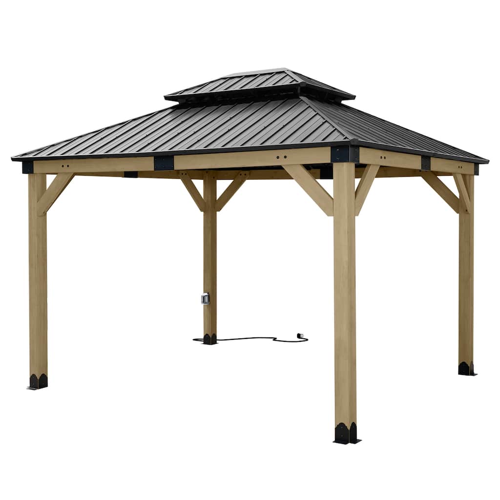 Aoodor 10 x 12 ft Wooden Frame Gazebo with 2-Tier Galvanized Metal Hardtop Roof, Outdoor Patio Gazebo with Charging Socket