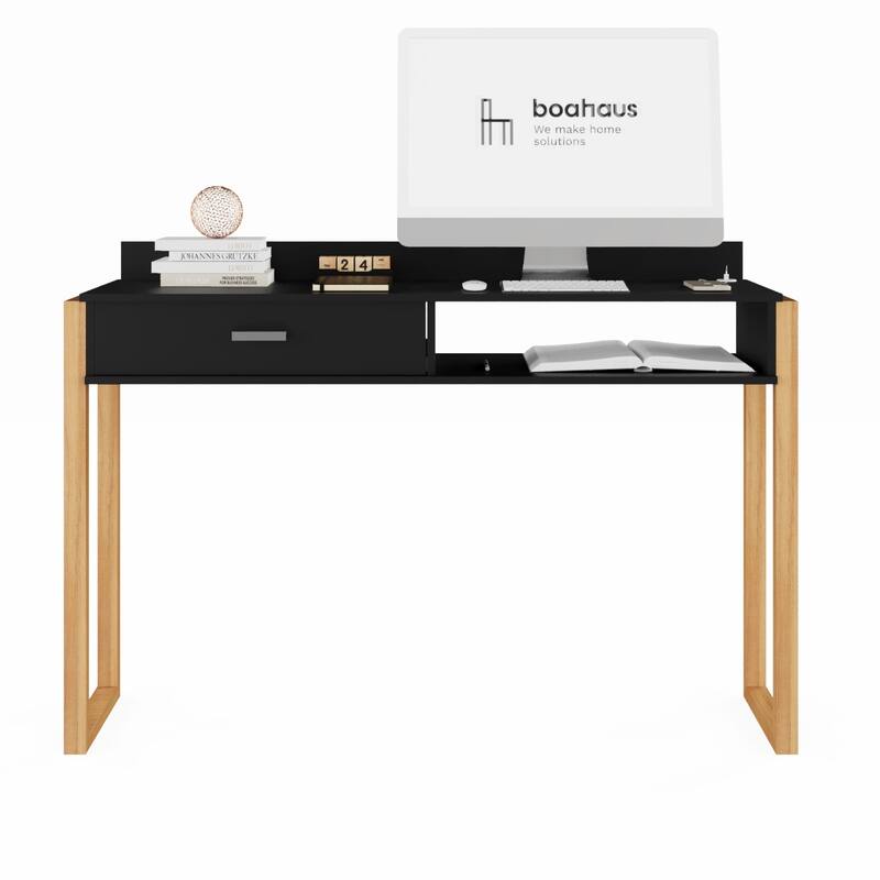 Modern Computer Desk with Drawer, Space-Saving, Shelf and Dual USB Charging Ports