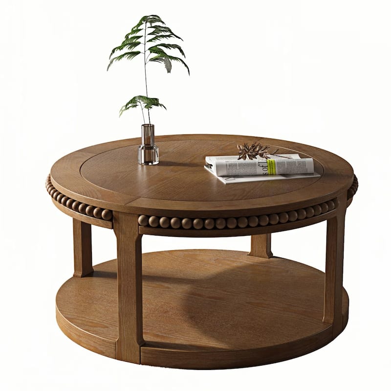 31.5" Round Solid Wood Coffee Table - Two-Tier Thickened Top, Sturdy Legs, Sofa or Living Room Table
