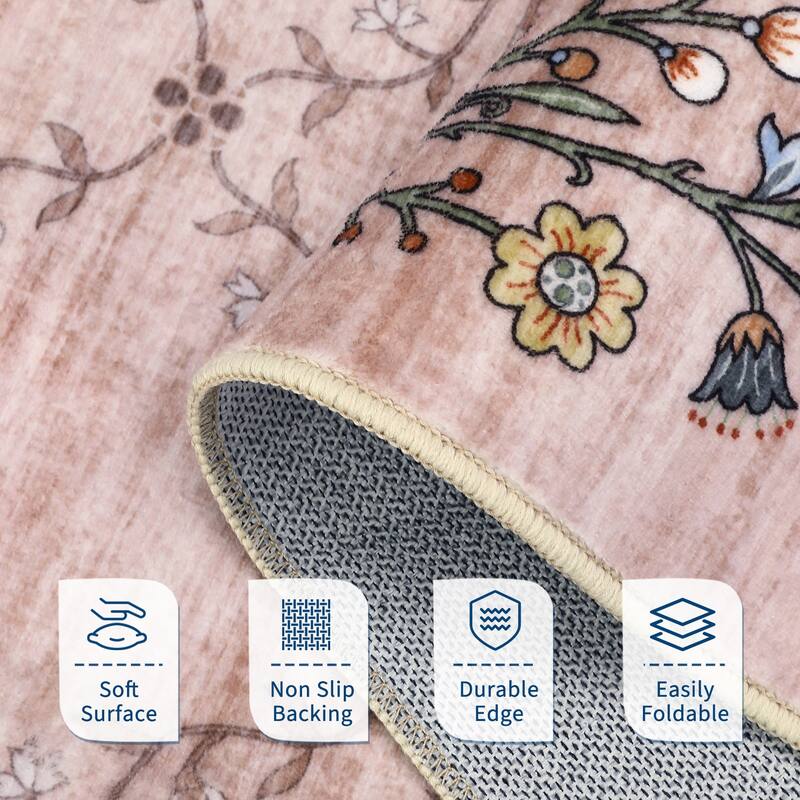 Floral Area Rugs for Living Room Low Pile Non Slip Rugs Washable Soft Foldable Accent Carpet Home Decor
