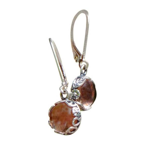 slide 1 of 4, Handmade Recycled Antique Pink Depression Glass Sterling Silver Botanical Lever back Earrings