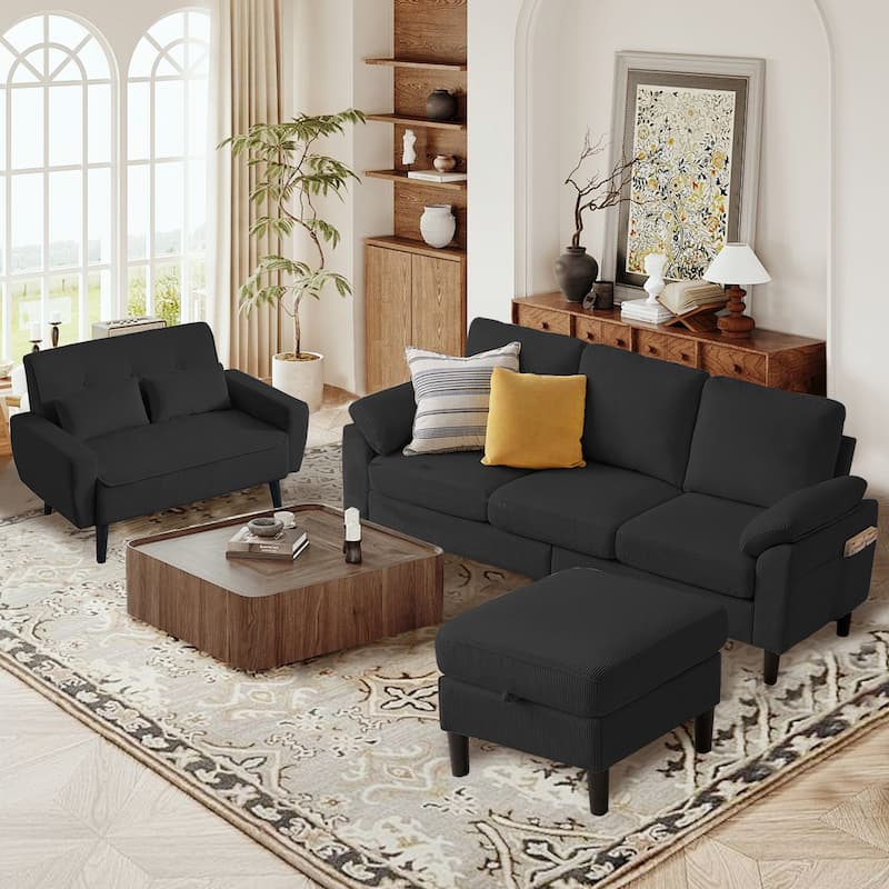 3 Piece Corduroy Living Room Sets including Sofa,Storage Ottoman and Loveseat