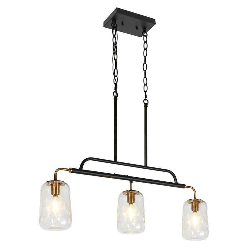 Modern 3-Light Glass Island Chandelier Linear Black Gold Pendant Lights - D 30.5" x H 22.8"