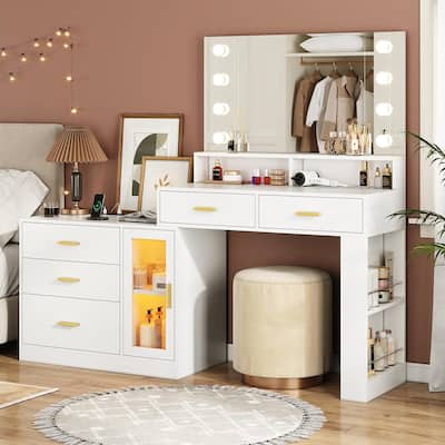 Makeup Vanity Table Mirror Lights LED Dresser 5 Drawers Cabinet